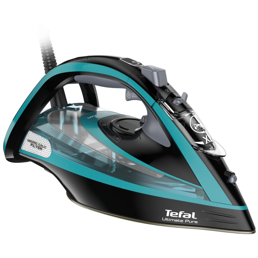 Fier de calcat Tefal FV9844E0 Ultimate Pure, 3200 W, Talpa Durilium AirGlide Autoclean, jet de aburi 250gr/min, Micro-Calc Filter 2in1, Negru/Bleu